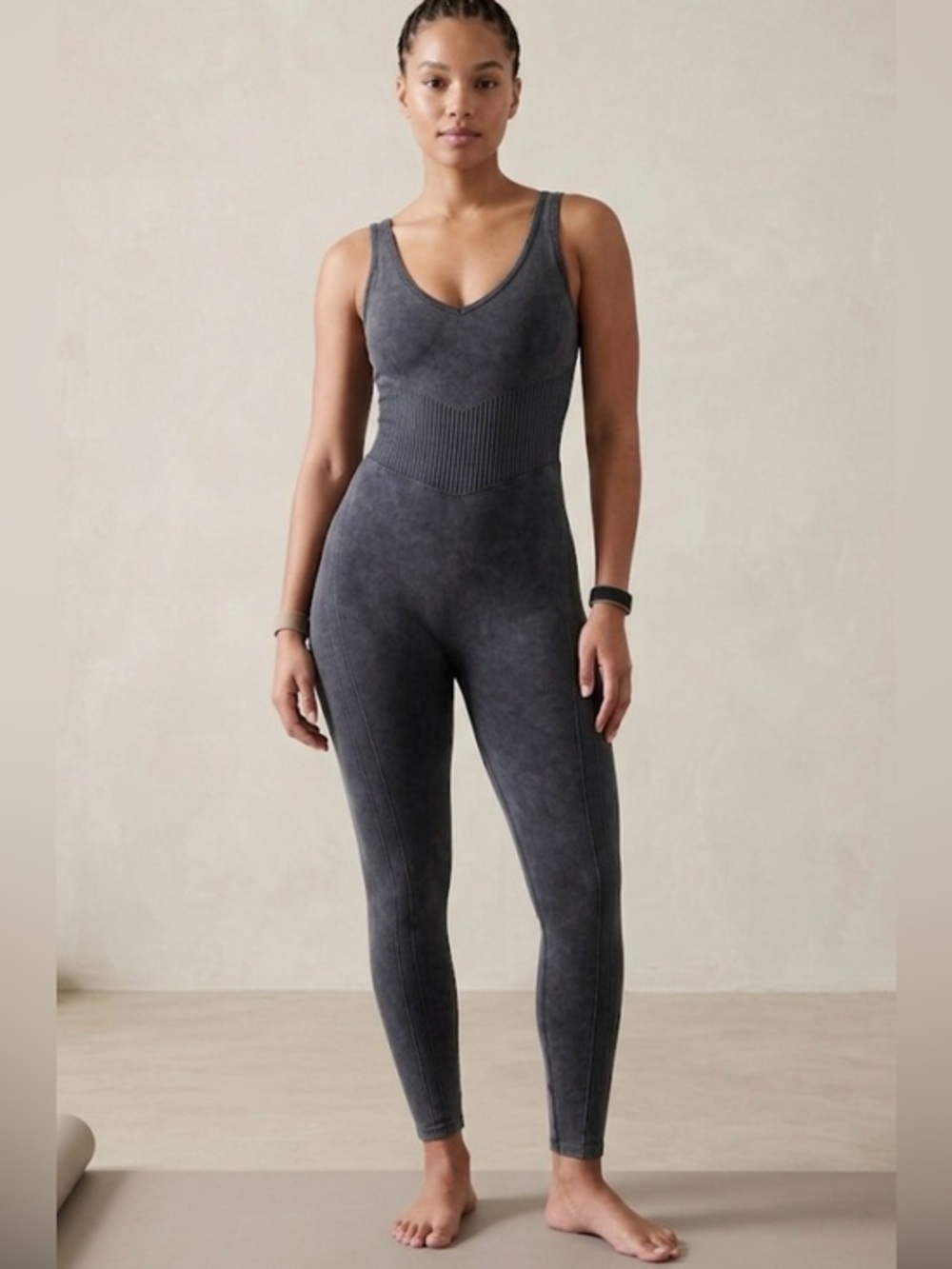 Harmony Balance gray seamless ribbed mineral wash bodysuit. Large